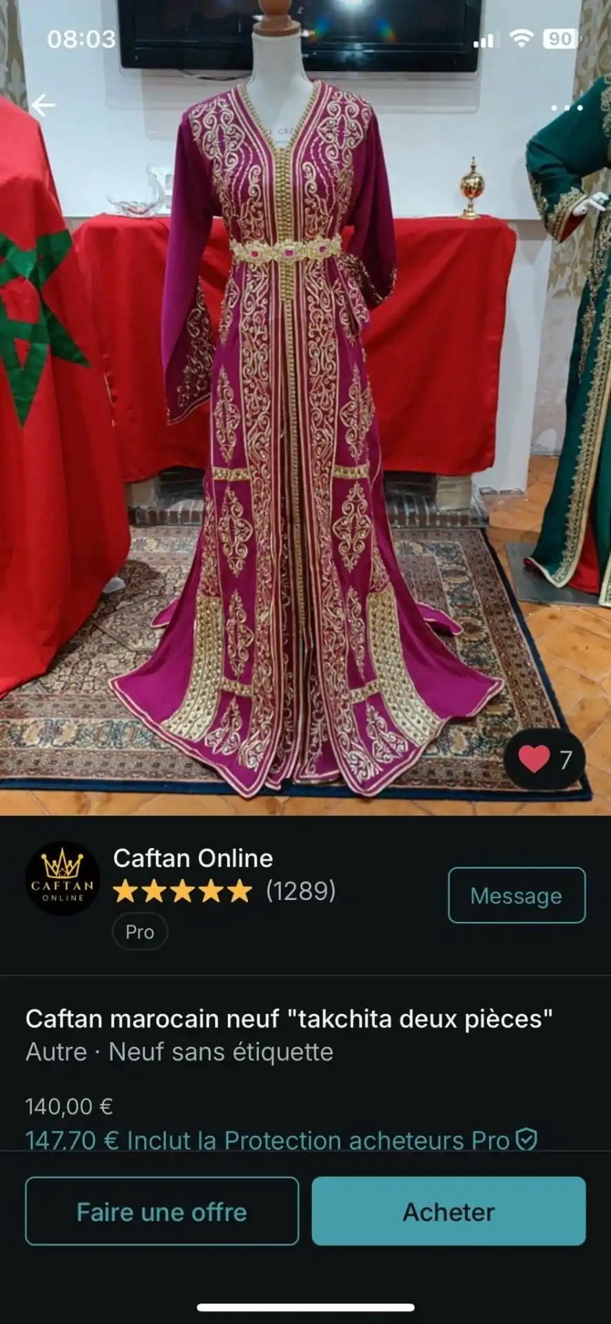 caftan marocain neuf plus ceinture